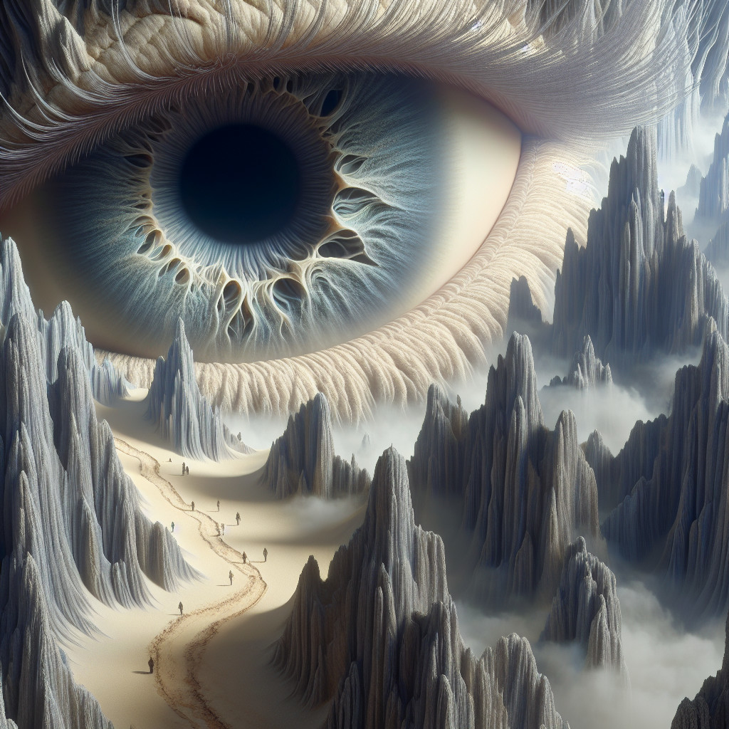 Surreal Landscape with Jagged Mountains and Giant Eye