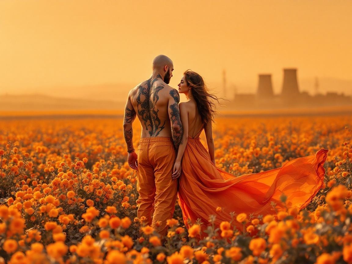 Couple in Orange Field at Sunset with Blooming Flowers