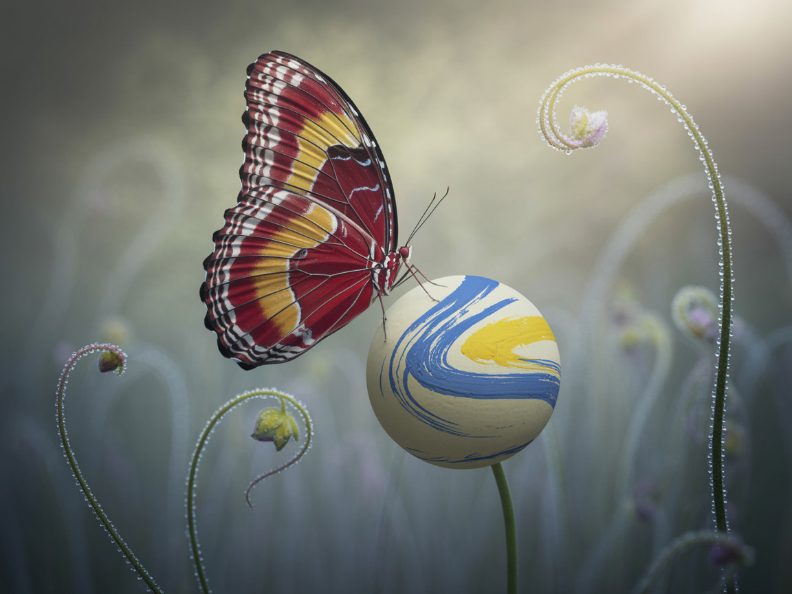Red and orange butterfly on marbled sphere with tendrils
