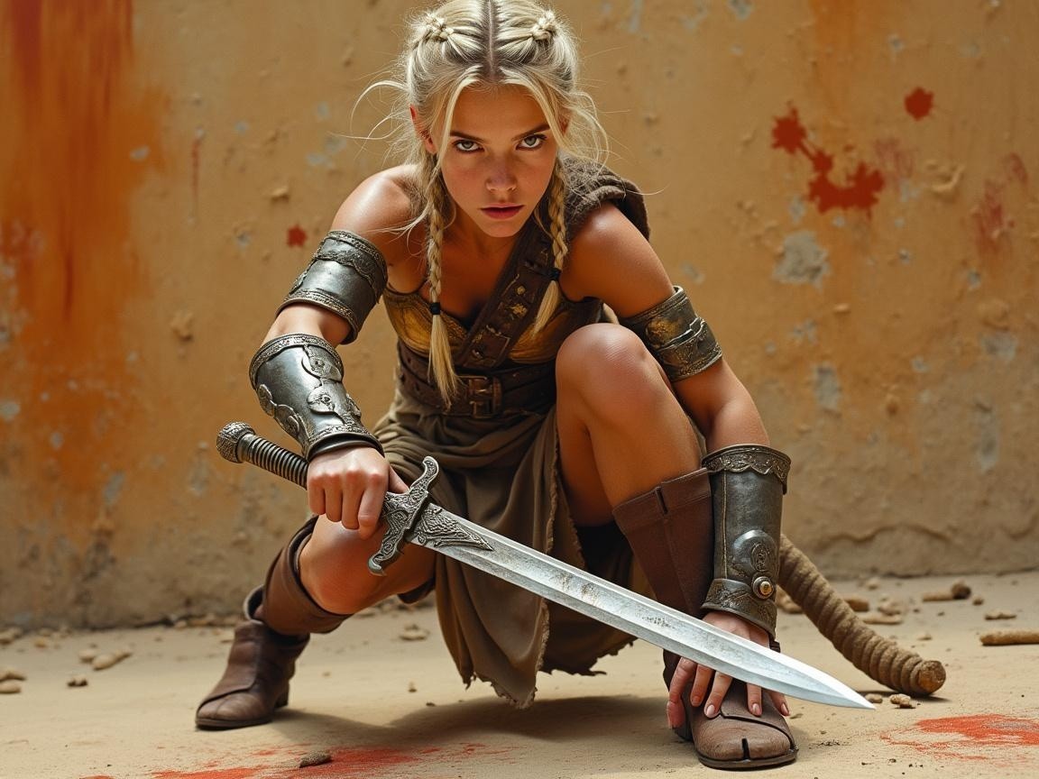 Fierce Warrior in Dynamic Pose with Gleaming Sword
