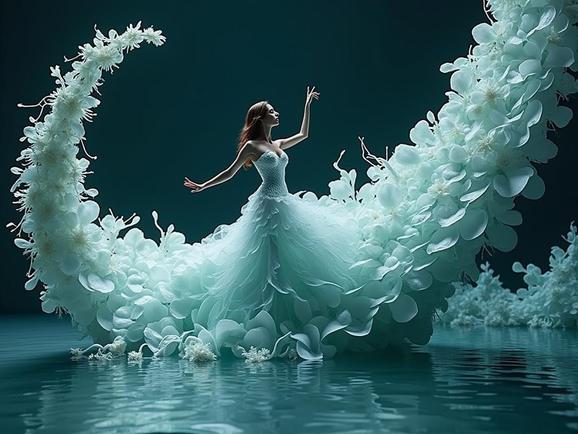 Ethereal gown of layered petals in pastel blue hues