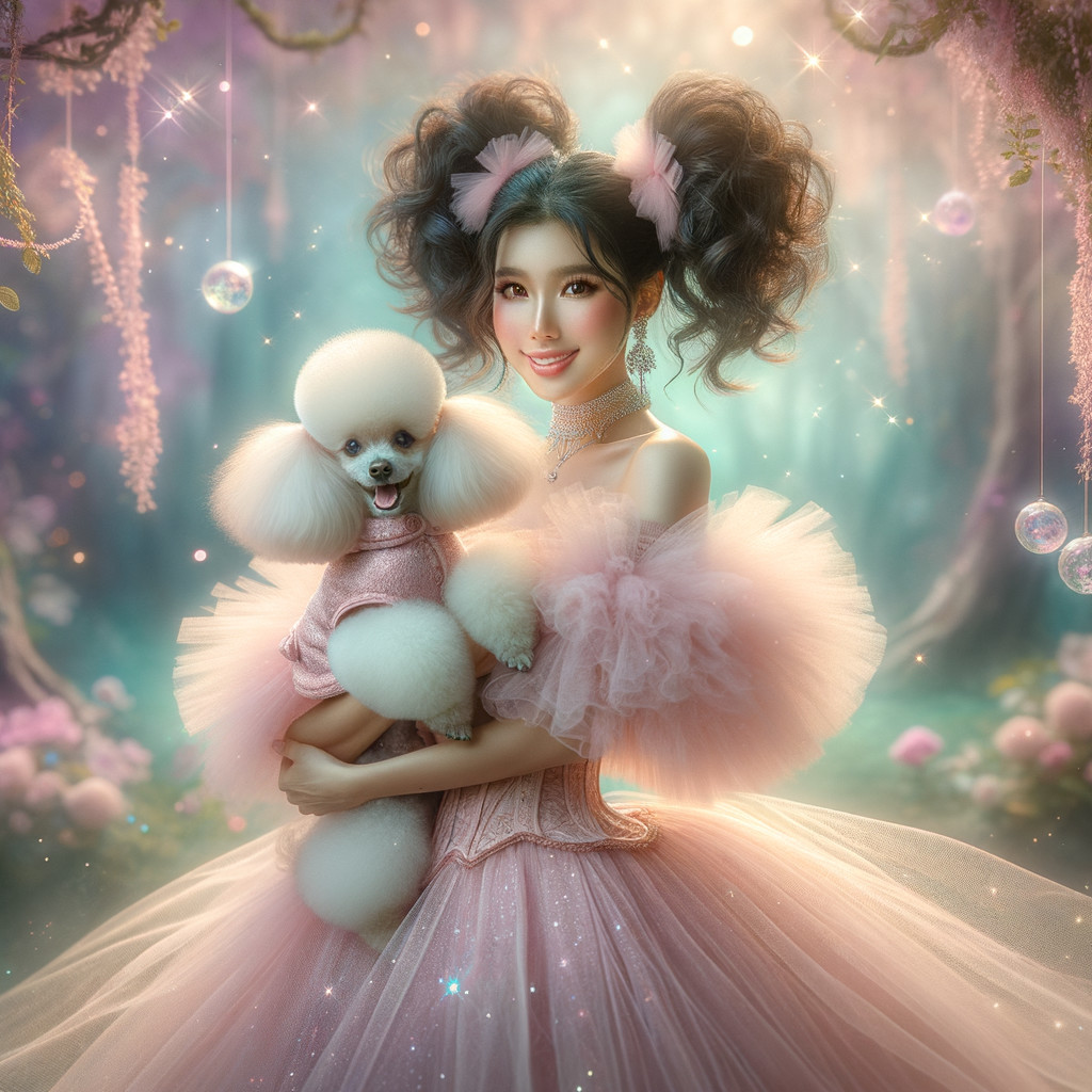 Whimsical Forest Scene with Young Woman and Poodle