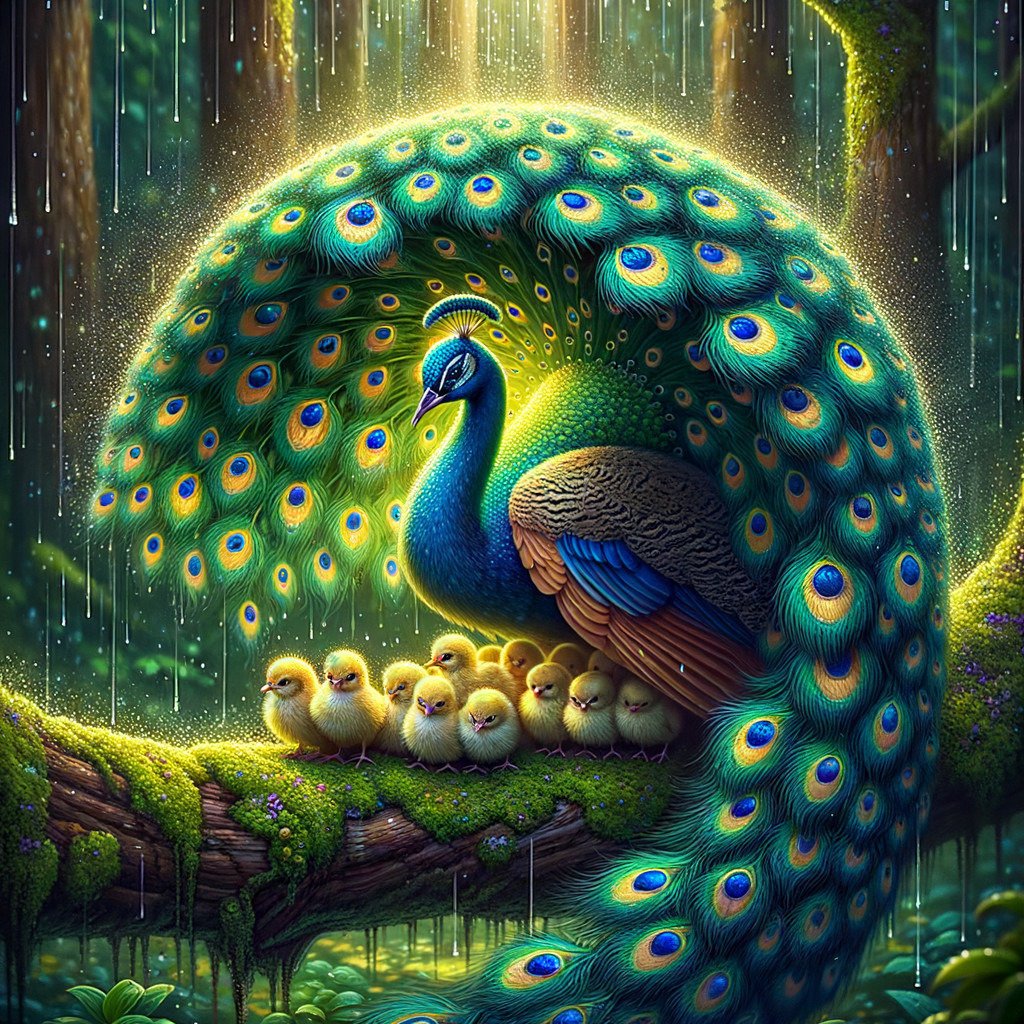 Majestic Peacock with Chicks in Lush Forest Setting