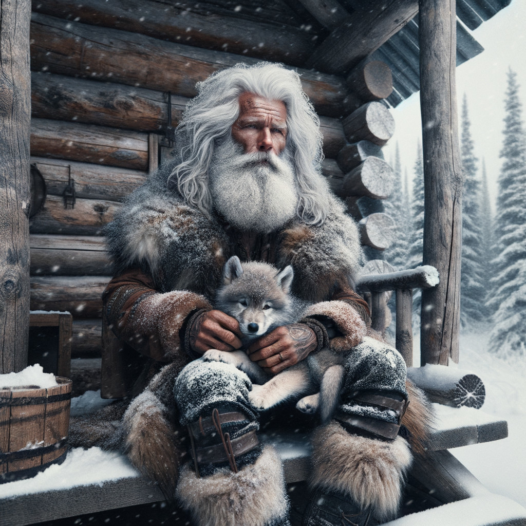 Elderly man with wolf cub in snowy forest setting
