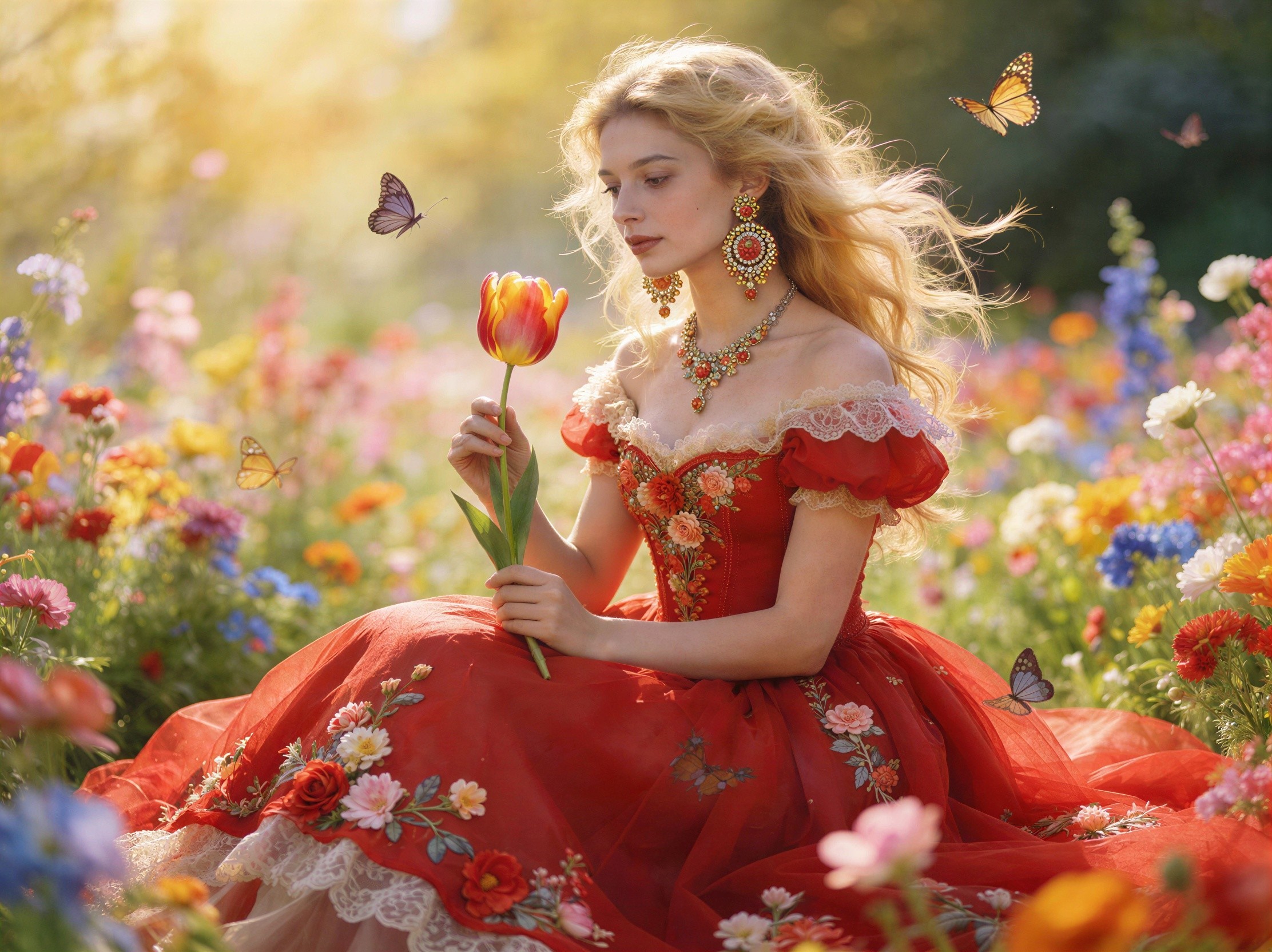 Fair-skinned woman in red gown among wildflowers