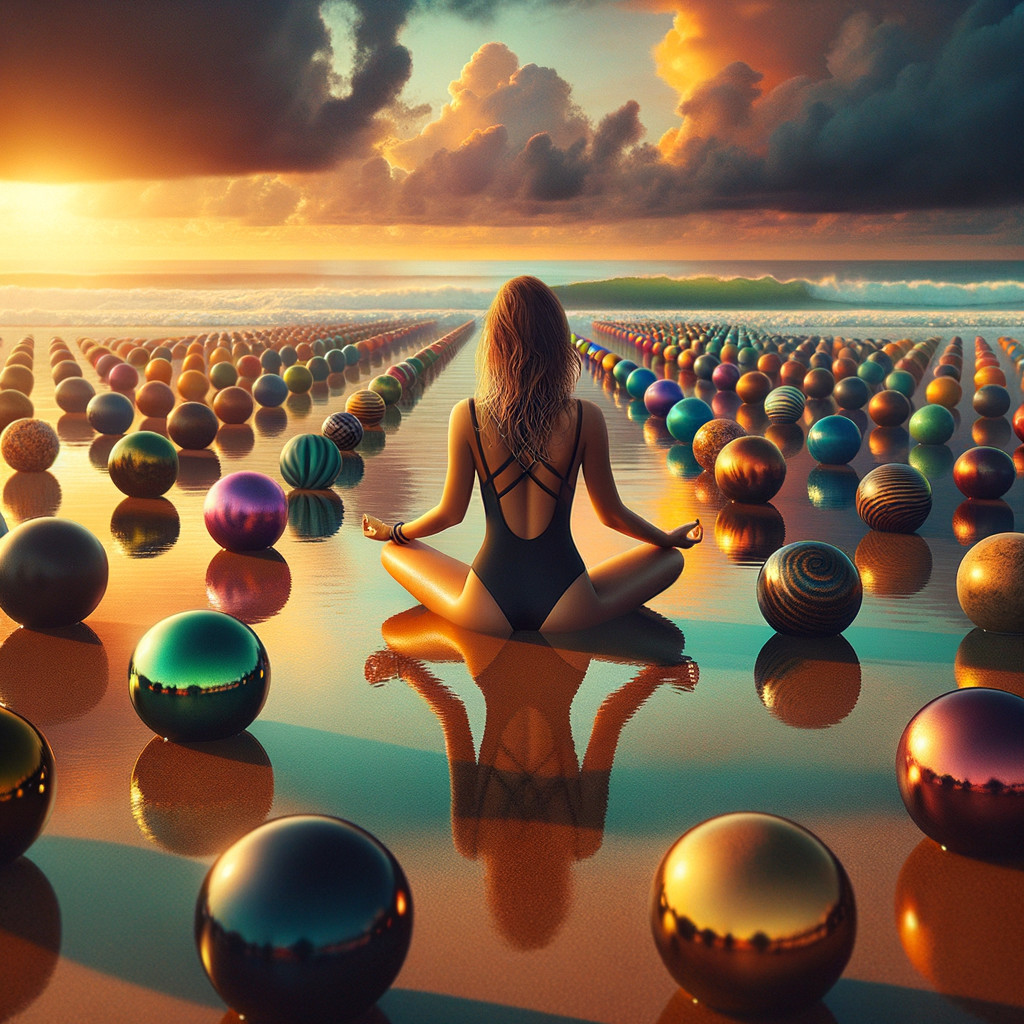 Serene beach sunset with meditative figure and spheres
