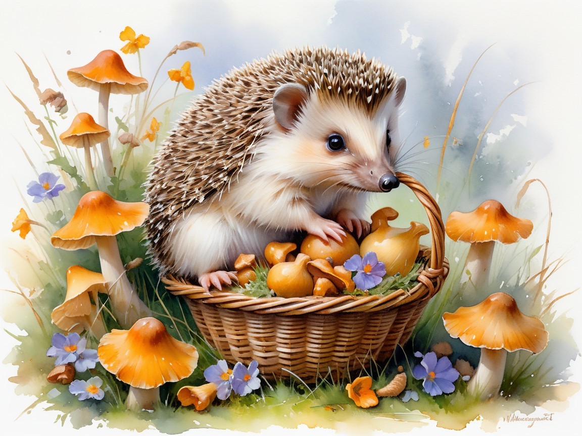 Hedgehog in Basket Surrounded by Colorful Mushrooms