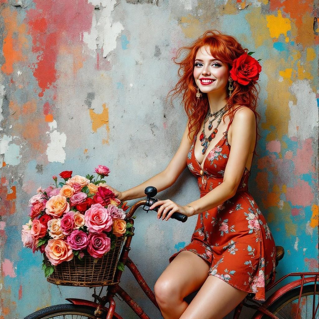 Young Woman on Vintage Bicycle with Colorful Roses
