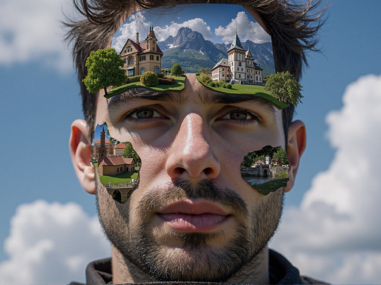 Close-up of a young man's face with surreal landscapes