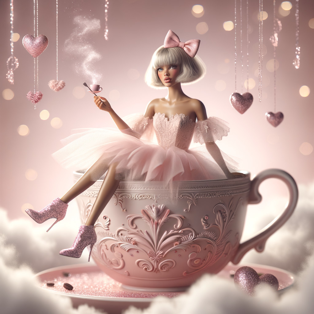 Doll-like Figure in Pastel Teacup with Floating Hearts