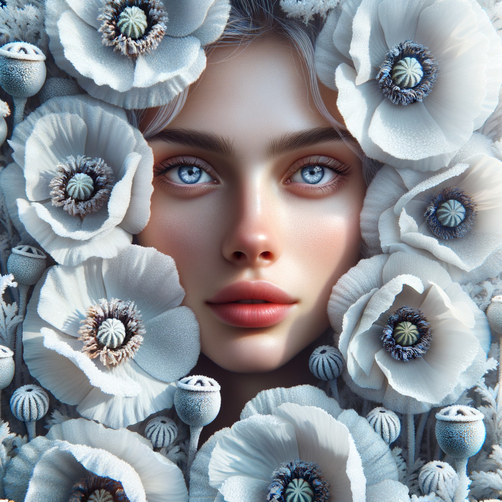 Close-up of Woman Surrounded by White Poppy Flowers