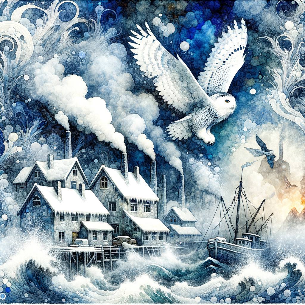 Winter Scene with Snowy Houses and Turbulent Sea