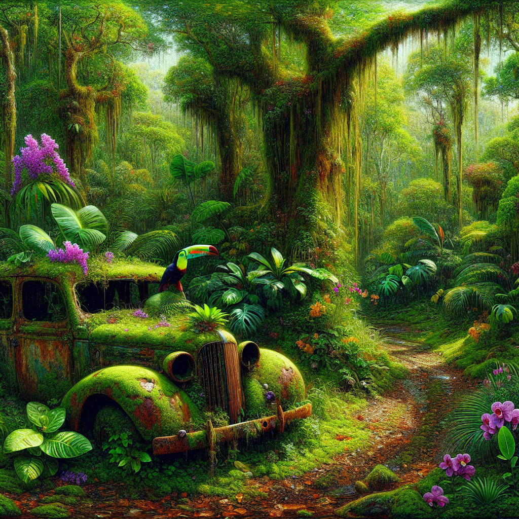 Vibrant Jungle Scene with Vintage Car and Toucan