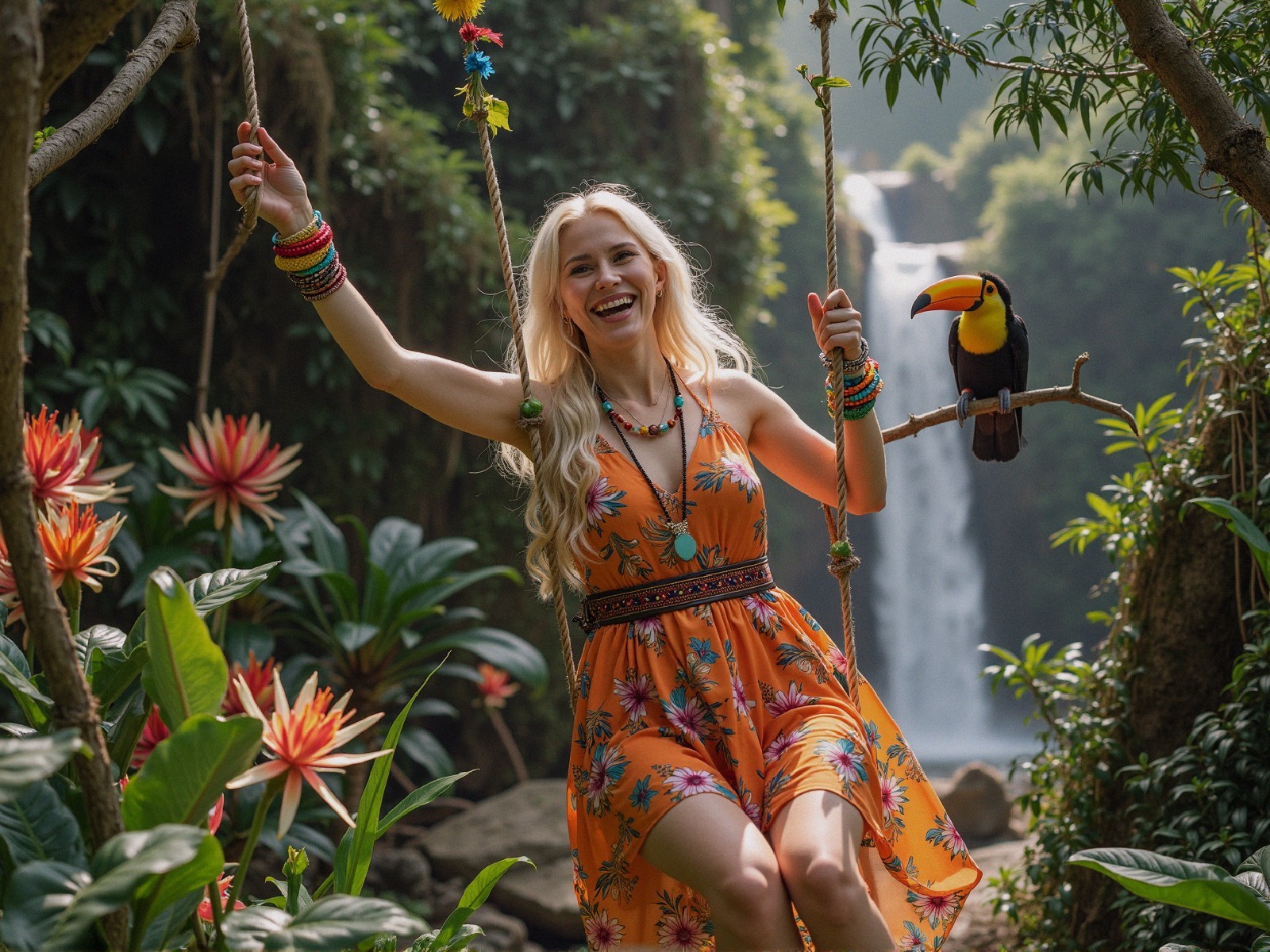 Young woman swinging with toucan by a waterfall