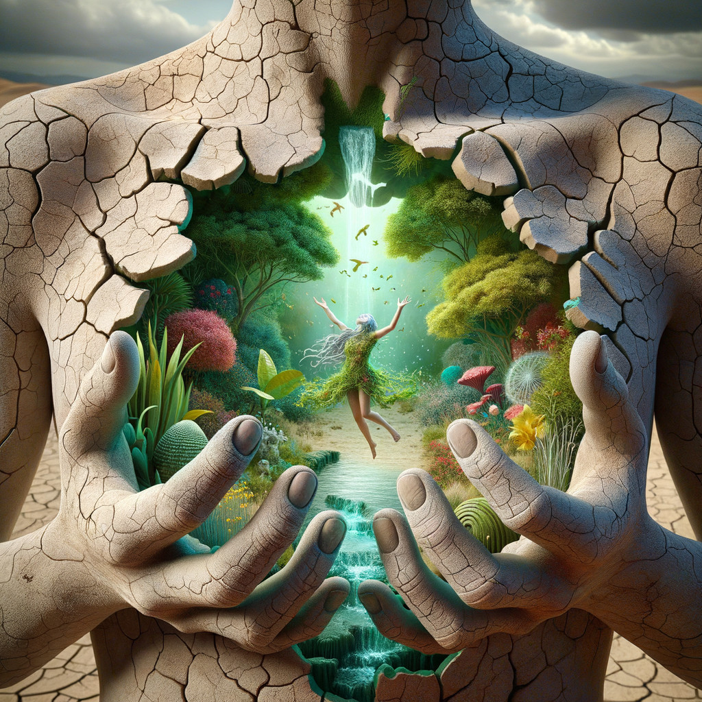 Barren Figure Holding a Vibrant Natural Scene