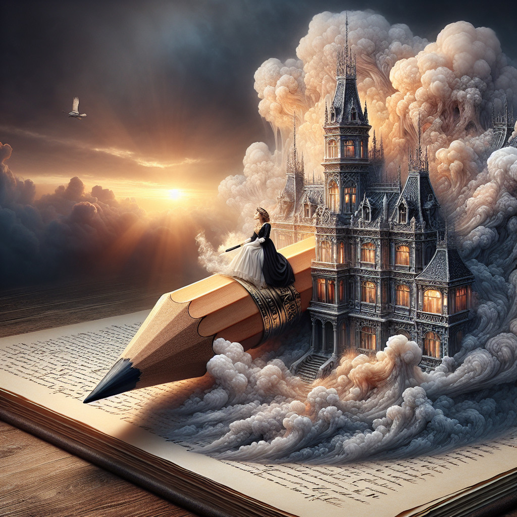 Giant Pencil and Cloud Castle in Dreamlike Landscape