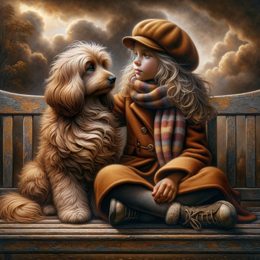 Young girl in orange coat with golden dog in park