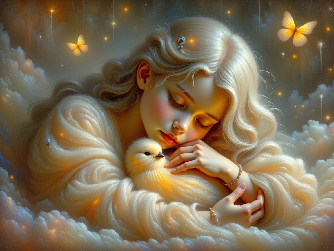 Serene Scene of Girl with Chick Among Soft Clouds