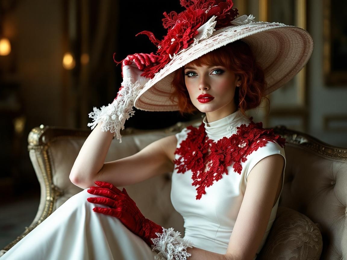 Glamorous Woman in Vintage Sofa with Elegant Attire