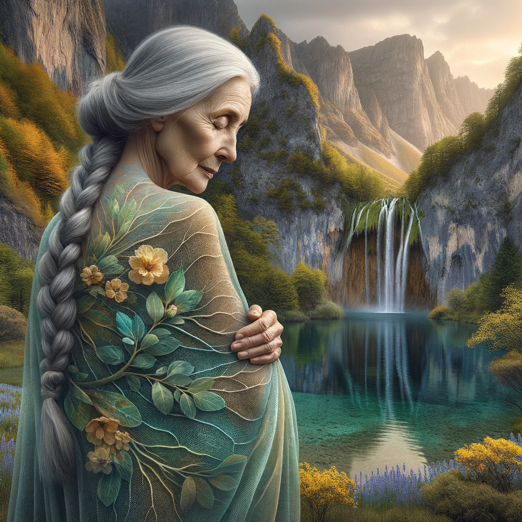Elderly Woman in Serene Natural Landscape with Waterfall