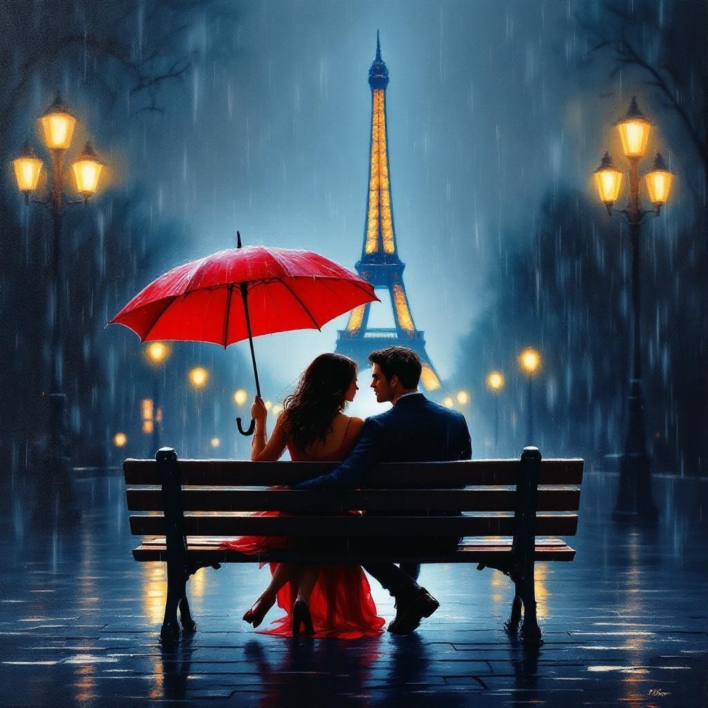 Couple on Park Bench Under Red Umbrella in Paris