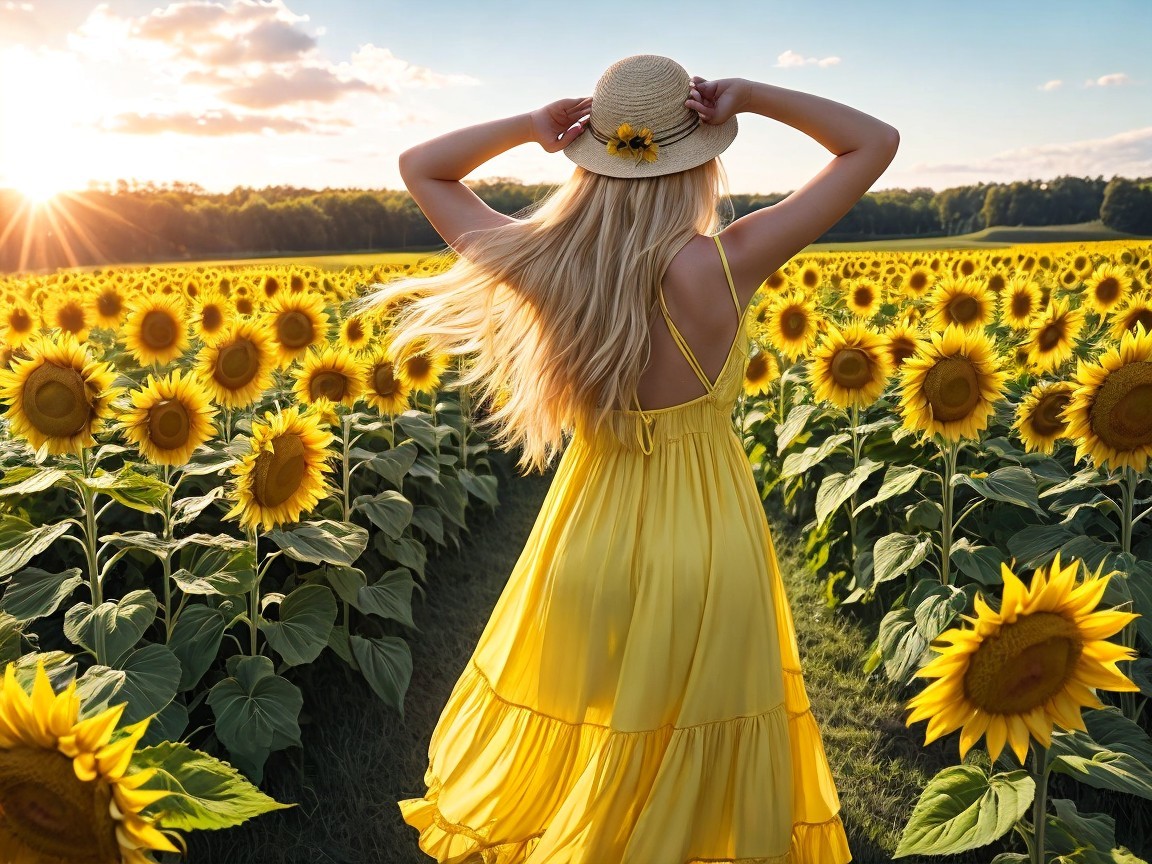 Woman in Yellow Dress in Sunflower Field at Sunset