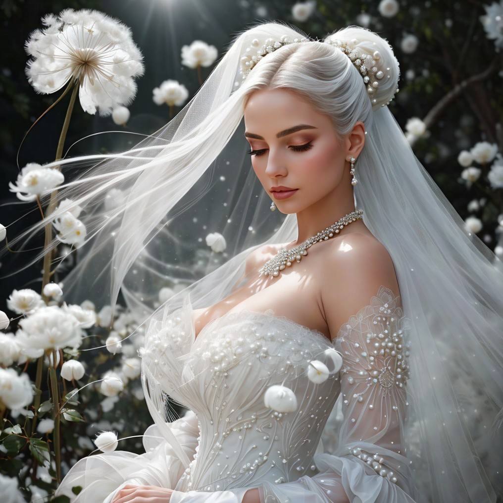 Elegant Bride in White Gown Surrounded by Flowers