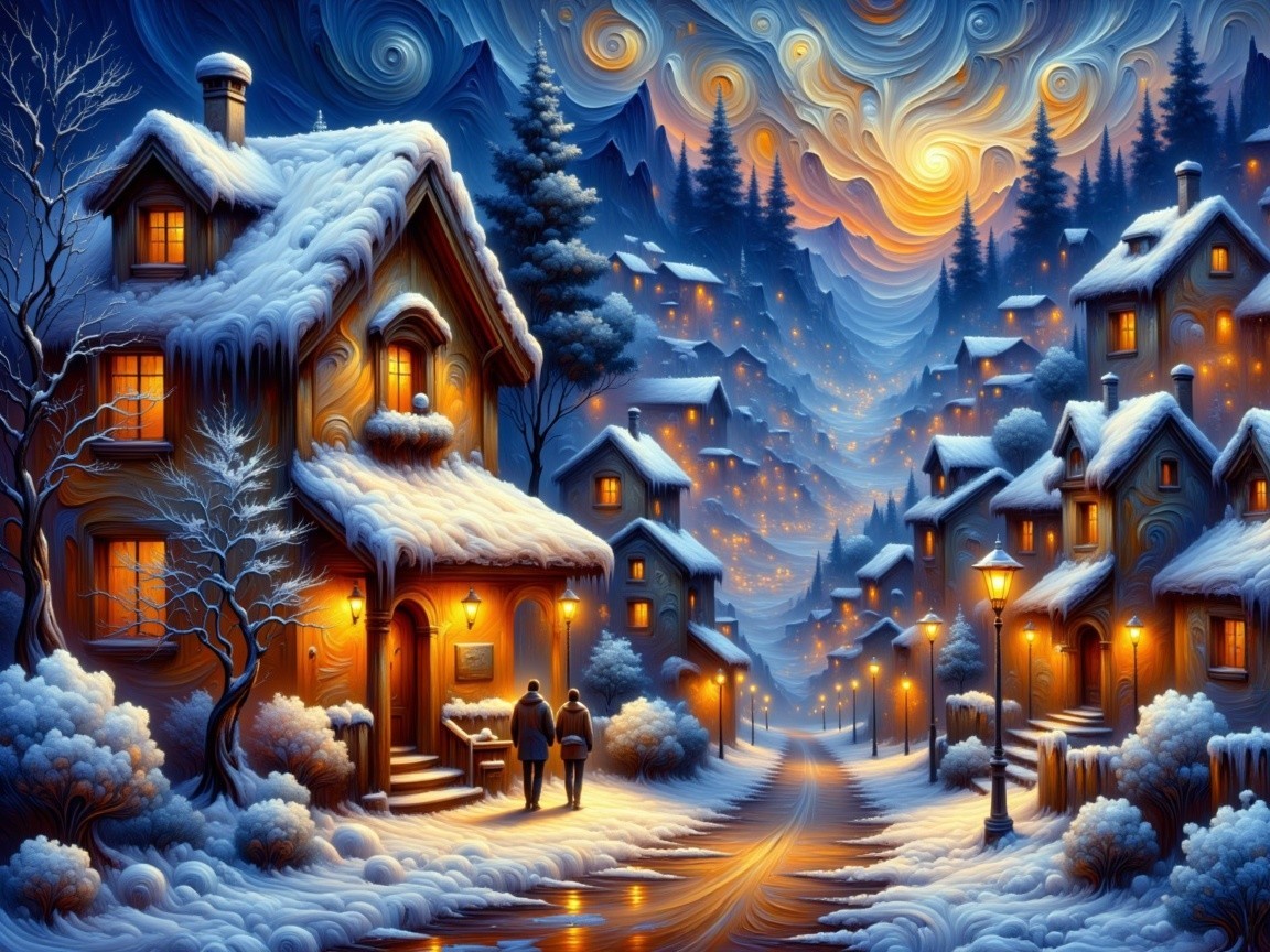 Winter Village Scene with Snow-Covered Cottages