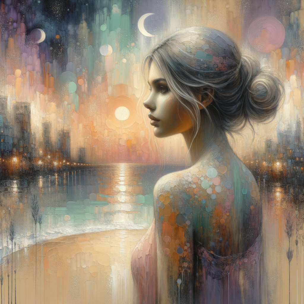 Young Woman Overlooking Sunset Waterway and Cityscape