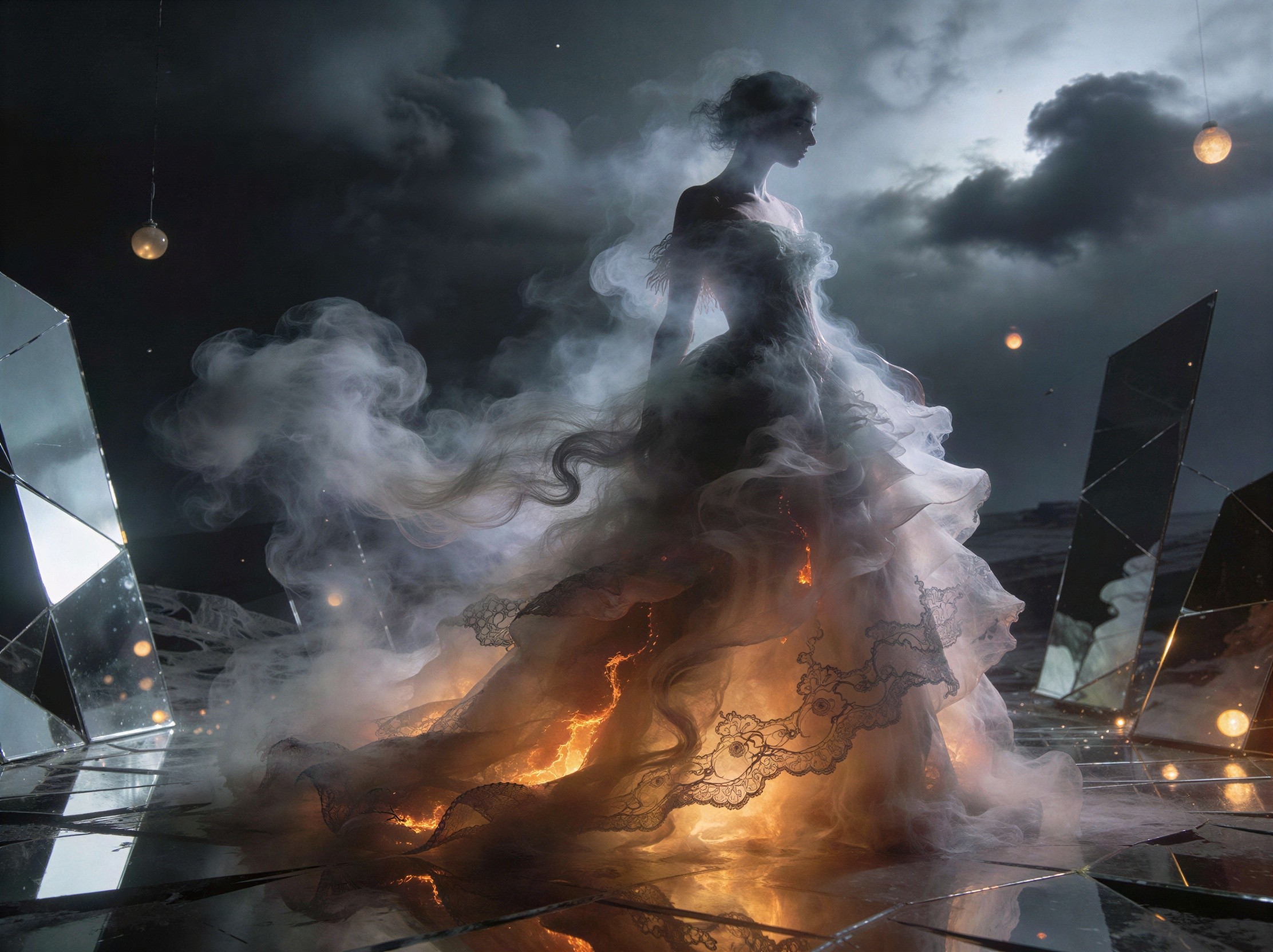 Ghostly Woman in Ethereal Gown Amid Dark Landscape