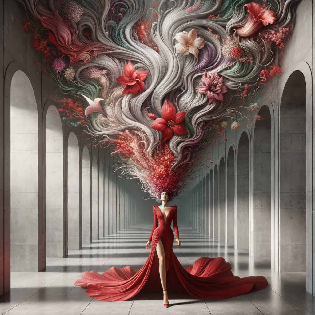 Figure in Red Gown Amidst Floral Cavern Archway