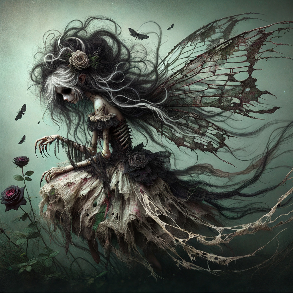 Skeletal Fairy Surrounded by Dark Roses and Butterflies