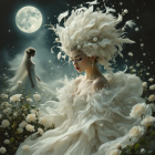 Mystical Scene with Woman in Ethereal Gown and Moon