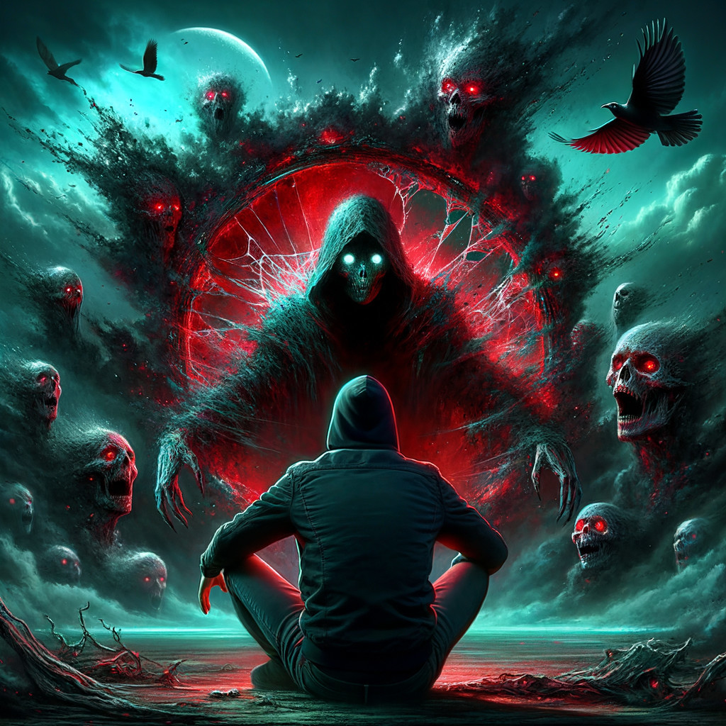 Hooded Figure and Spectral Entity in Dark Landscape