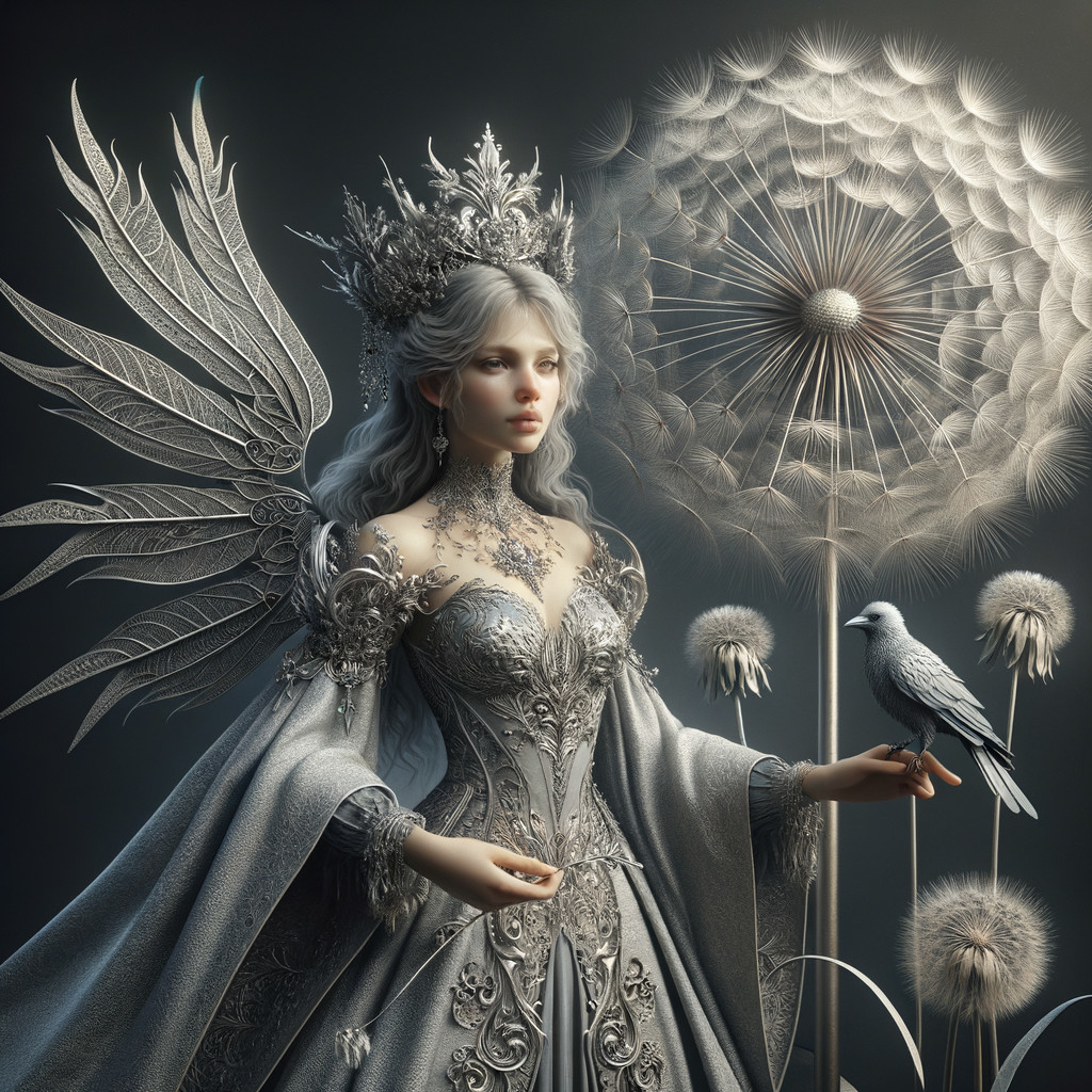 Fantastical figure in silver gown with delicate wings