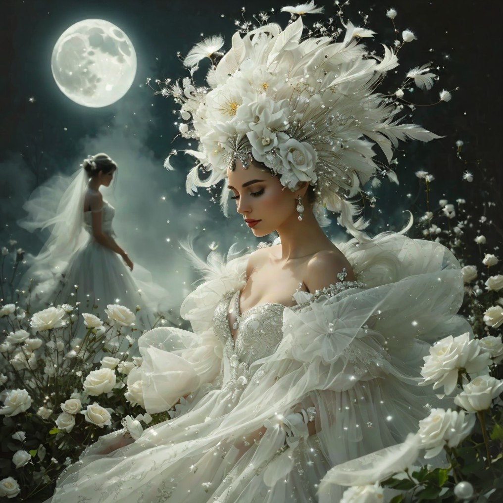 Mystical Scene with Woman in Ethereal Gown and Moon
