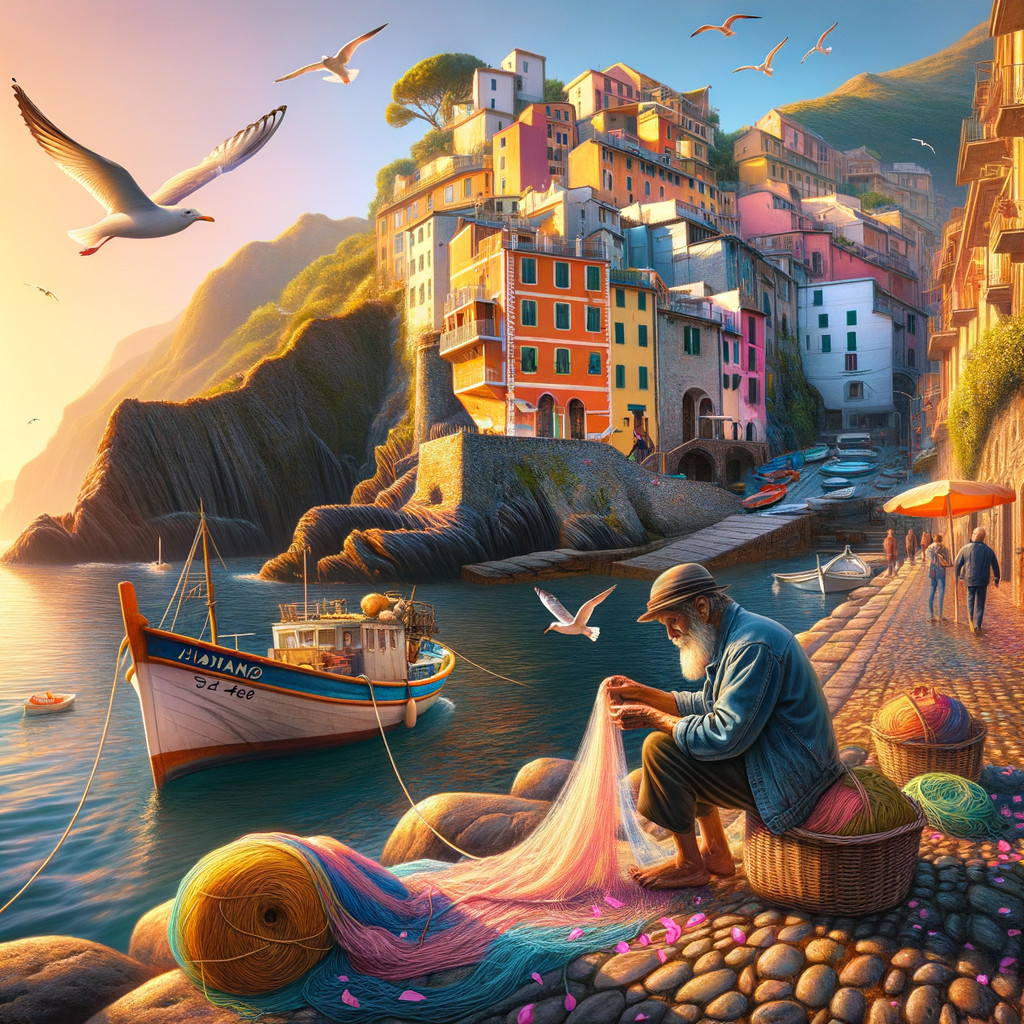Coastal Scene with Fisherman and Colorful Houses