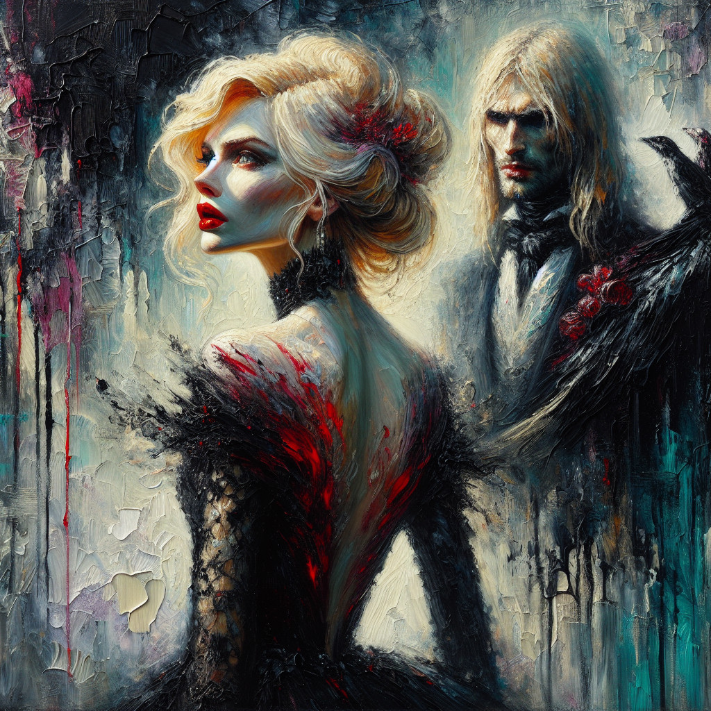 Elegant Woman in Black and Red Gown with Somber Man