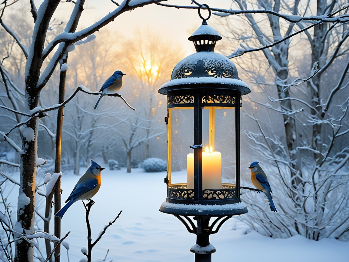 Frost-Kissed Lantern in a Winter Landscape with Birds