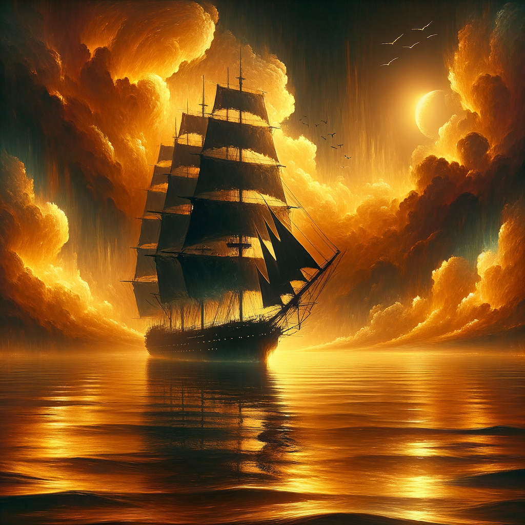 Majestic sailing ship at sunset on calm waters
