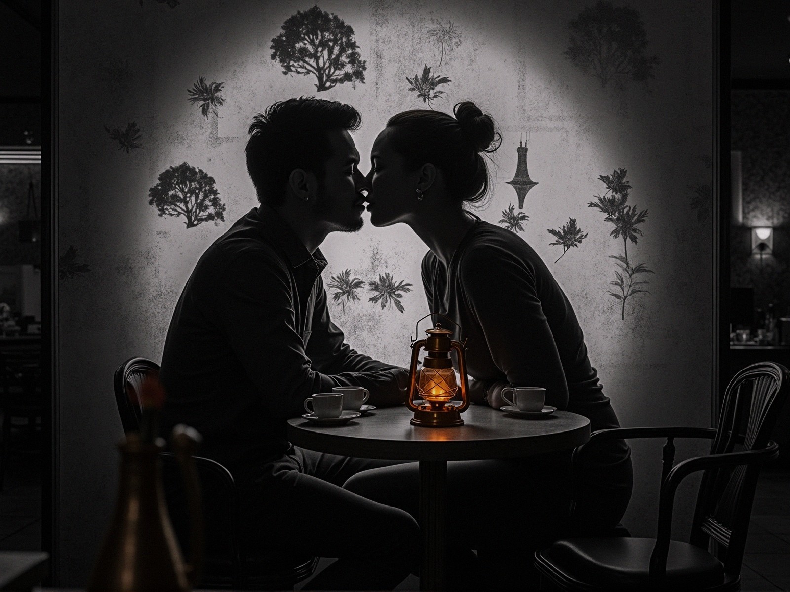 Couple Kissing in Dimly Lit Café with Floral Decor