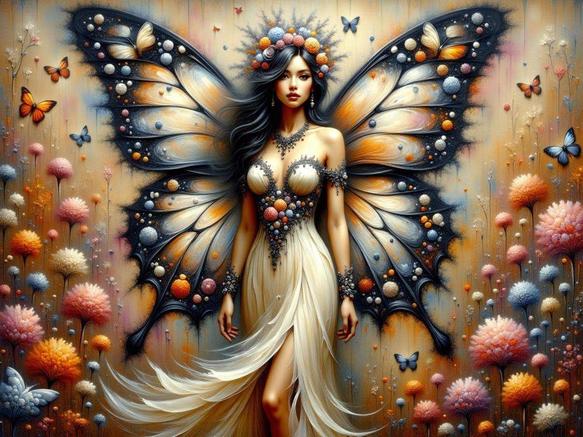 Mystical Figure with Butterfly Wings in Floral Setting