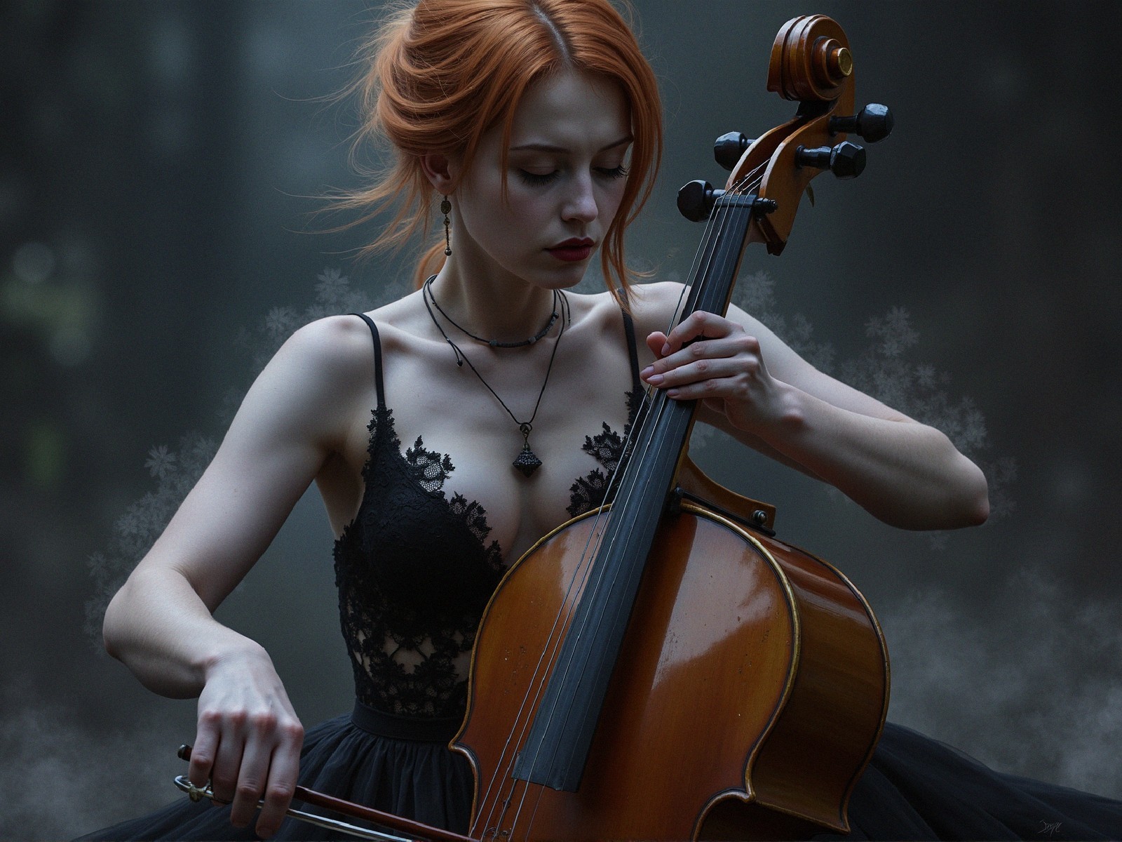 Young Woman with Red Hair Playing Cello in Forest