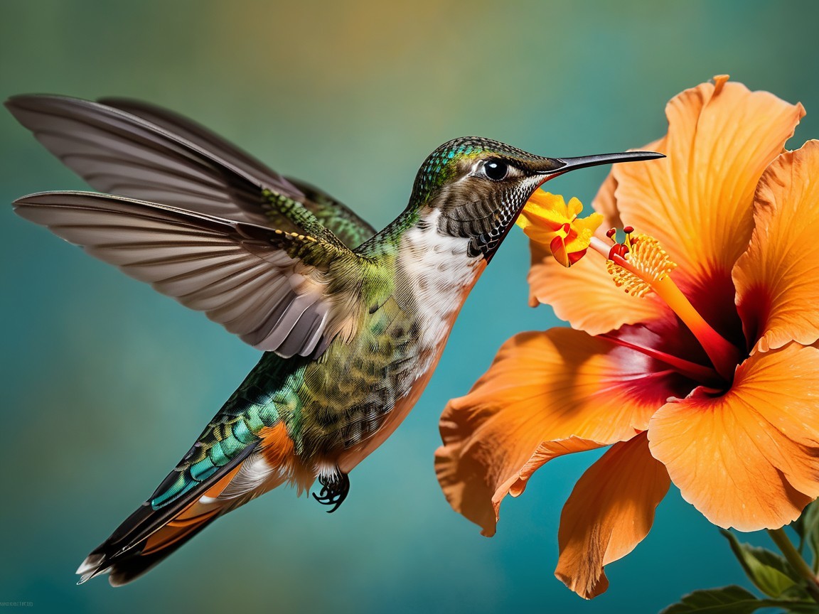 Colorful Hummingbird Near Vibrant Orange Hibiscus Flower