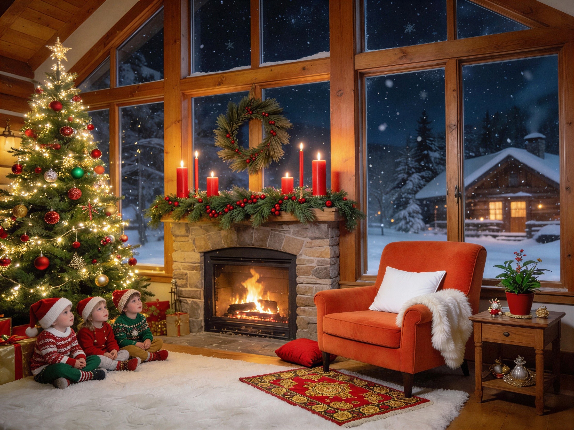 Indoor Christmas Scene with Children by Fireplace