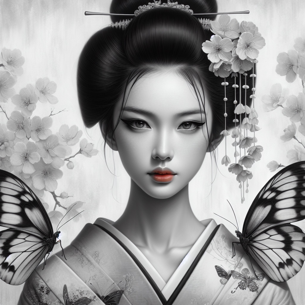 Black-and-white portrait of a serene woman in attire