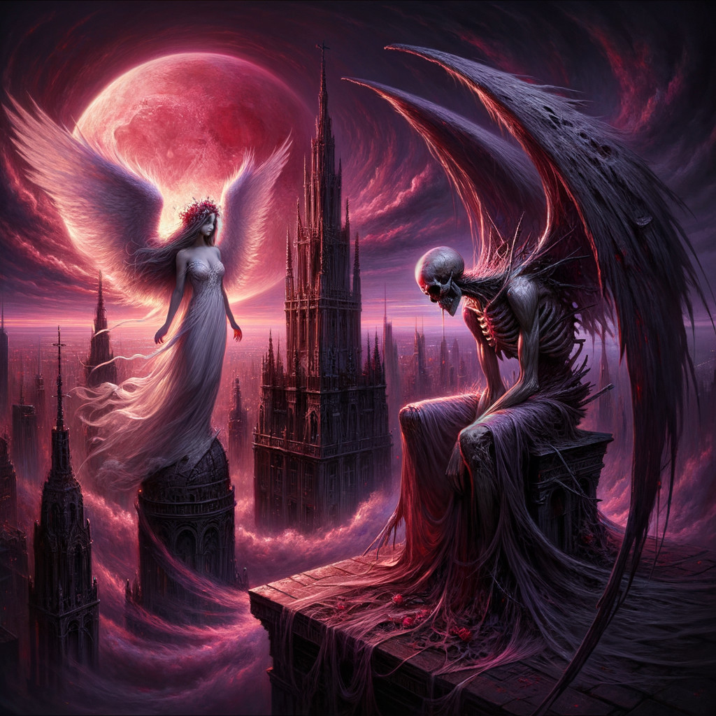 Celestial Angel Over Gothic Cityscape with Dark Themes