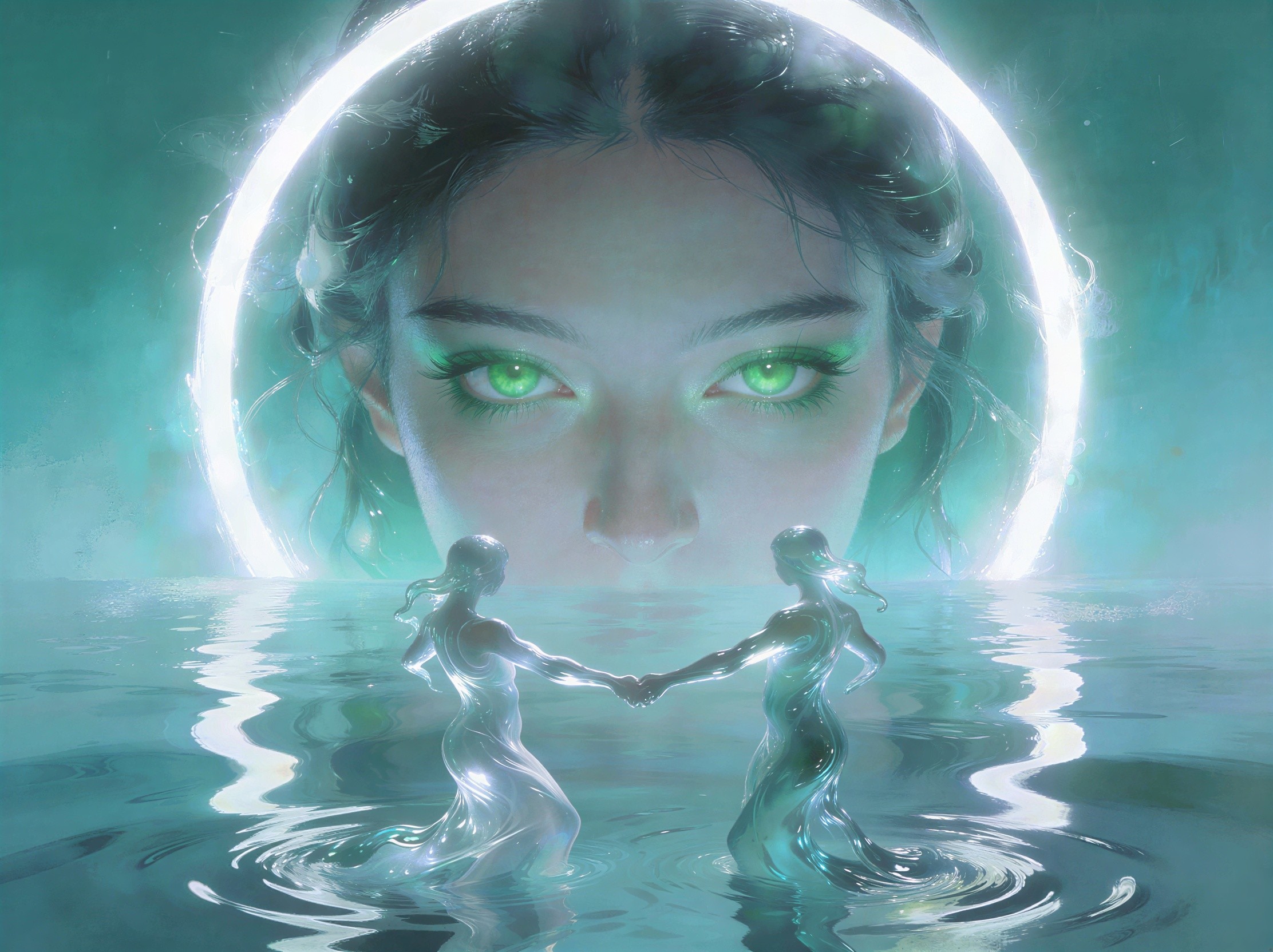 Teal Fantasy Artwork Featuring Colossal Woman's Face
