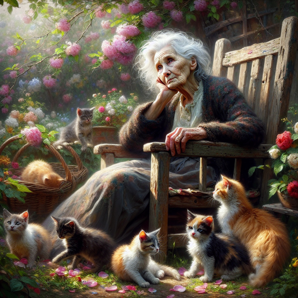 Elderly Woman in Garden with Kittens and Flowers