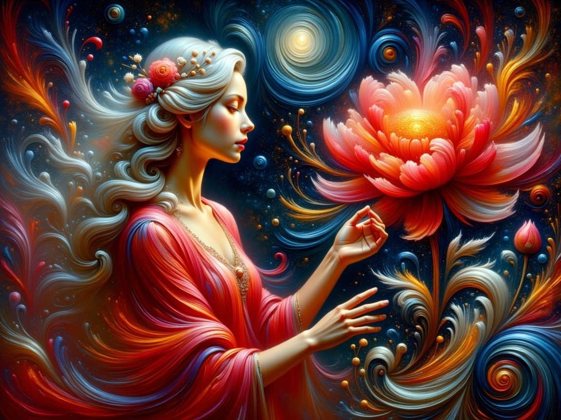 Ethereal Woman with Silver Hair and Cosmic Background